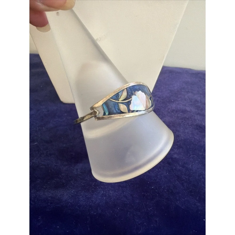 Sterling Silver 925 Abalone Blue Floral Bangle Bracelet Taxco Mexico
